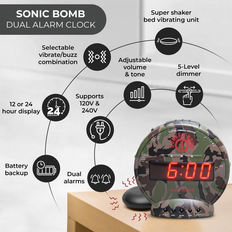 Sonic Alert Sonic Bomb Dual Alarm Clock with Bed Shaker  Camouflage | Sonic Alert Vibrating Alarm Clock Heavy Sleepers  Battery Backup | Wake with a Shake - Image 4